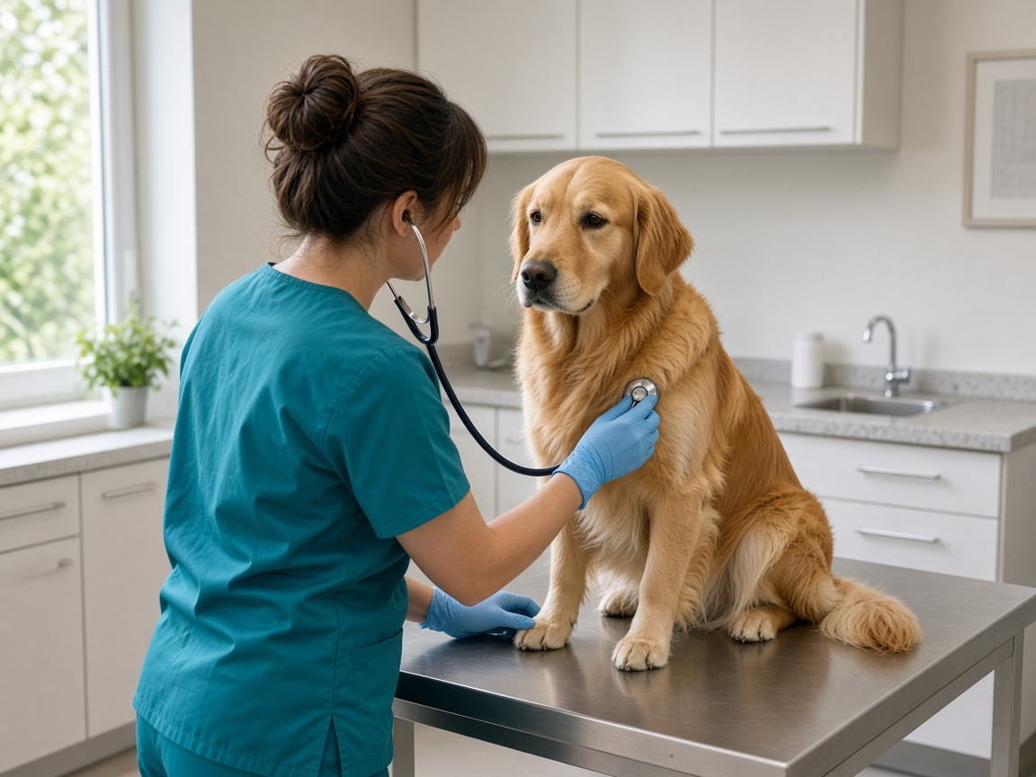 A dog on the exam table while a clinician listens