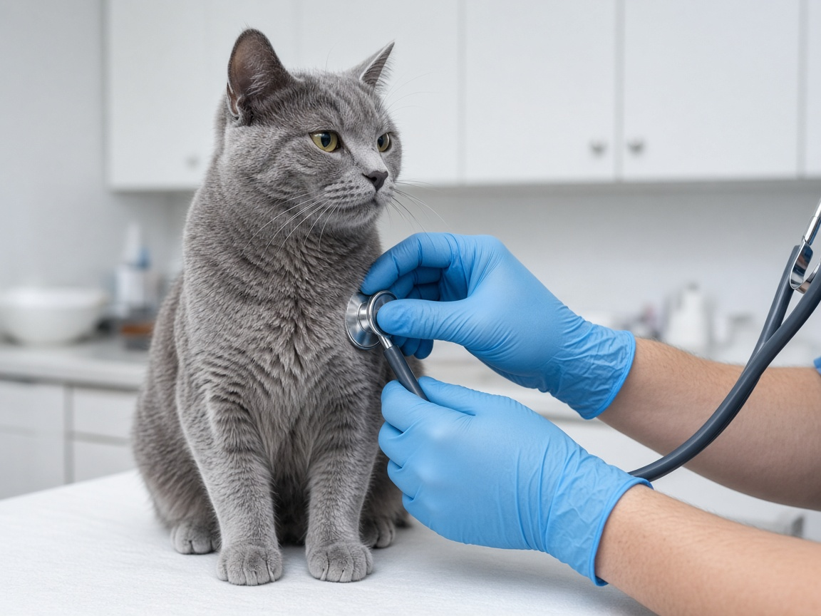 A cat on the exam table during a wellness listen