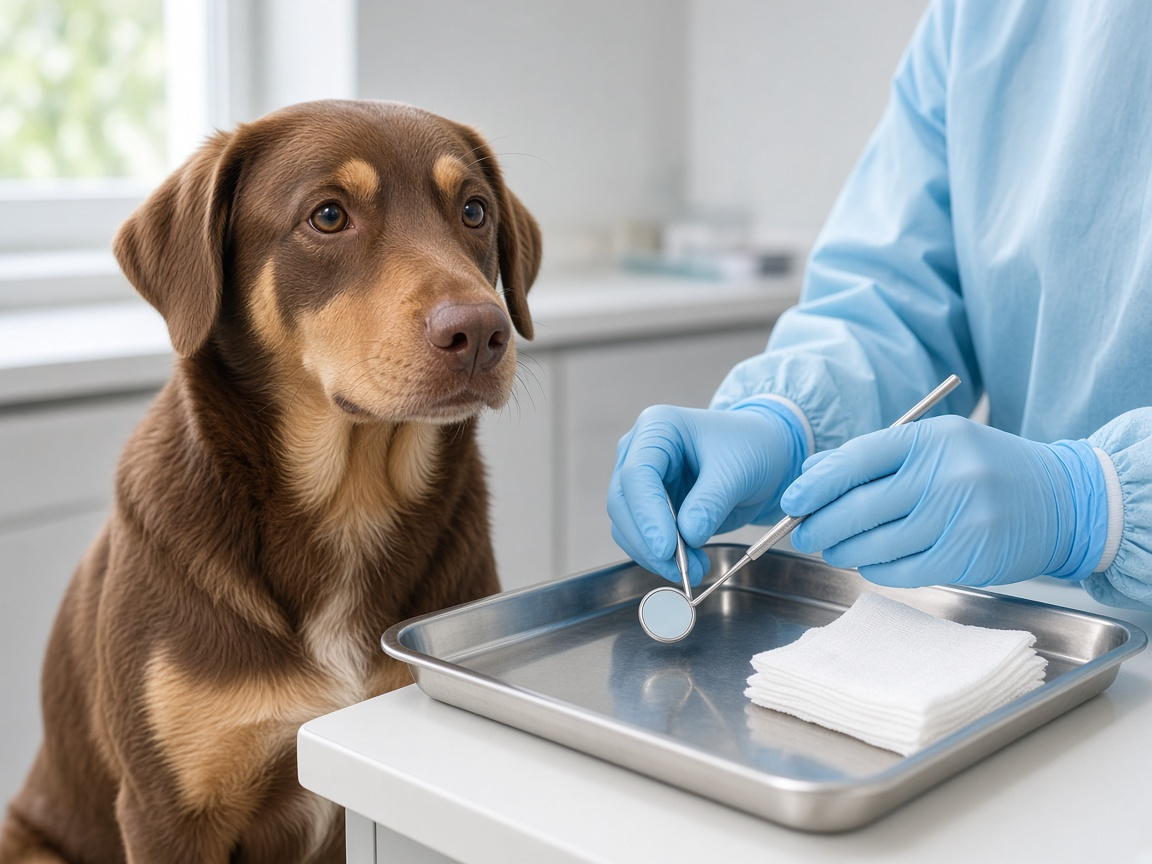 A dog waiting beside a dental tray